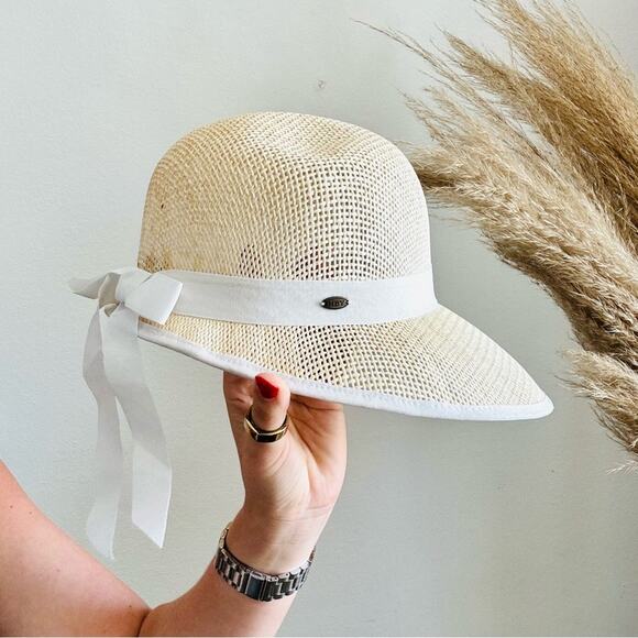 VINTAGE NORDSTROM Cream Tan Straw Wide Visor Brim White Bow Tie Ribbon Sun Hat - Picture 2 of 10